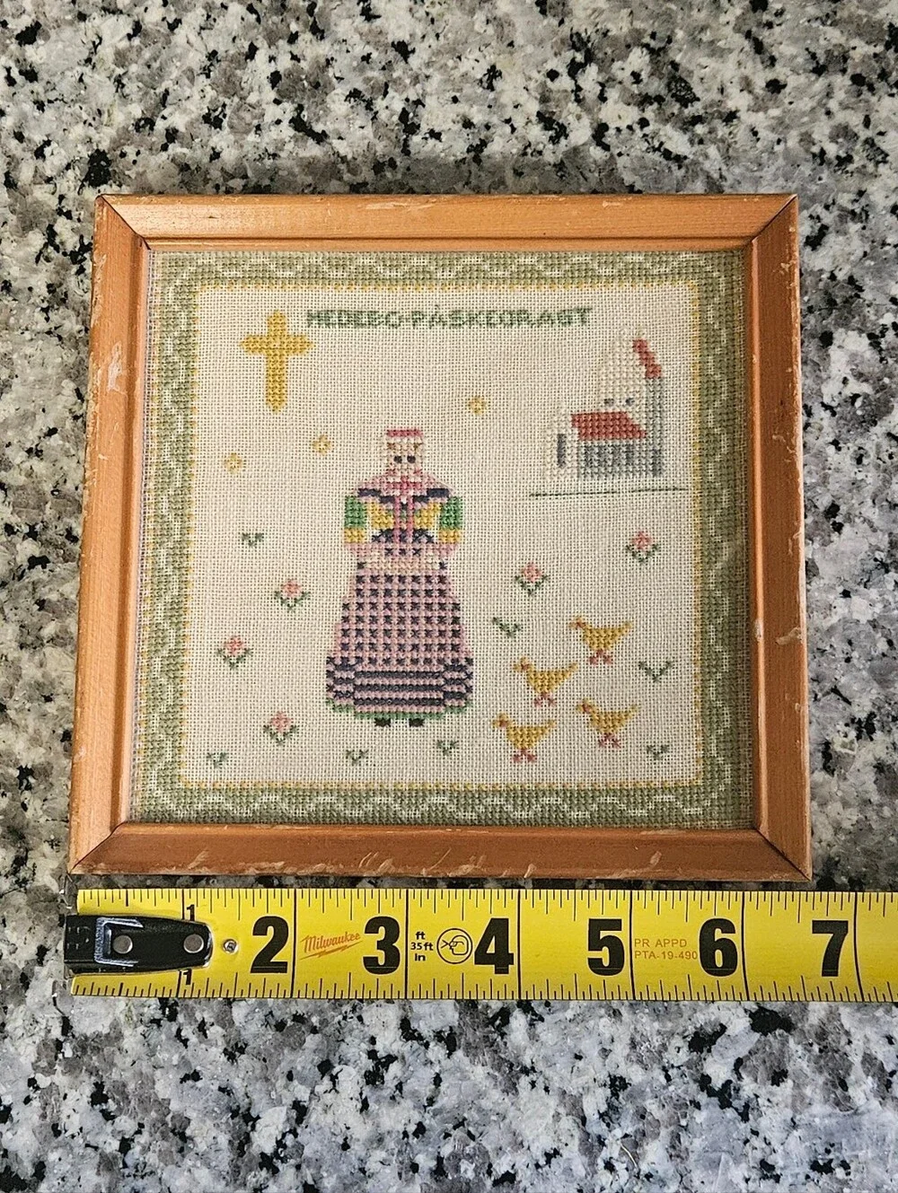 VTG Danish Scandinavian Cross Stitch Easter Church Needlepoint Framed Folk Art